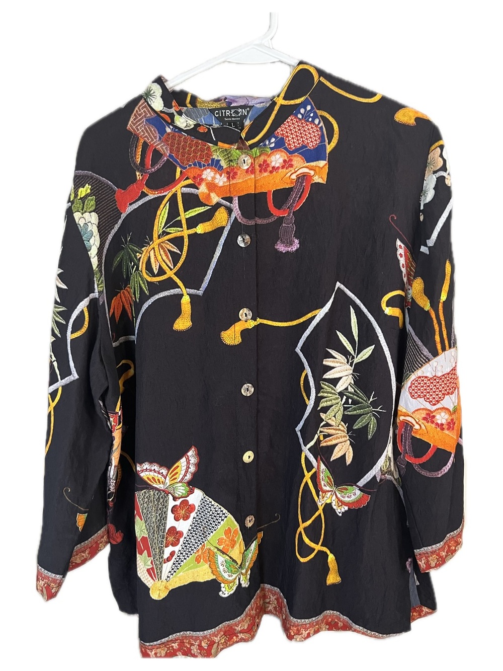 Citron Vintage Black Multicolor Asian Inspired Floral Button-Front Blouse